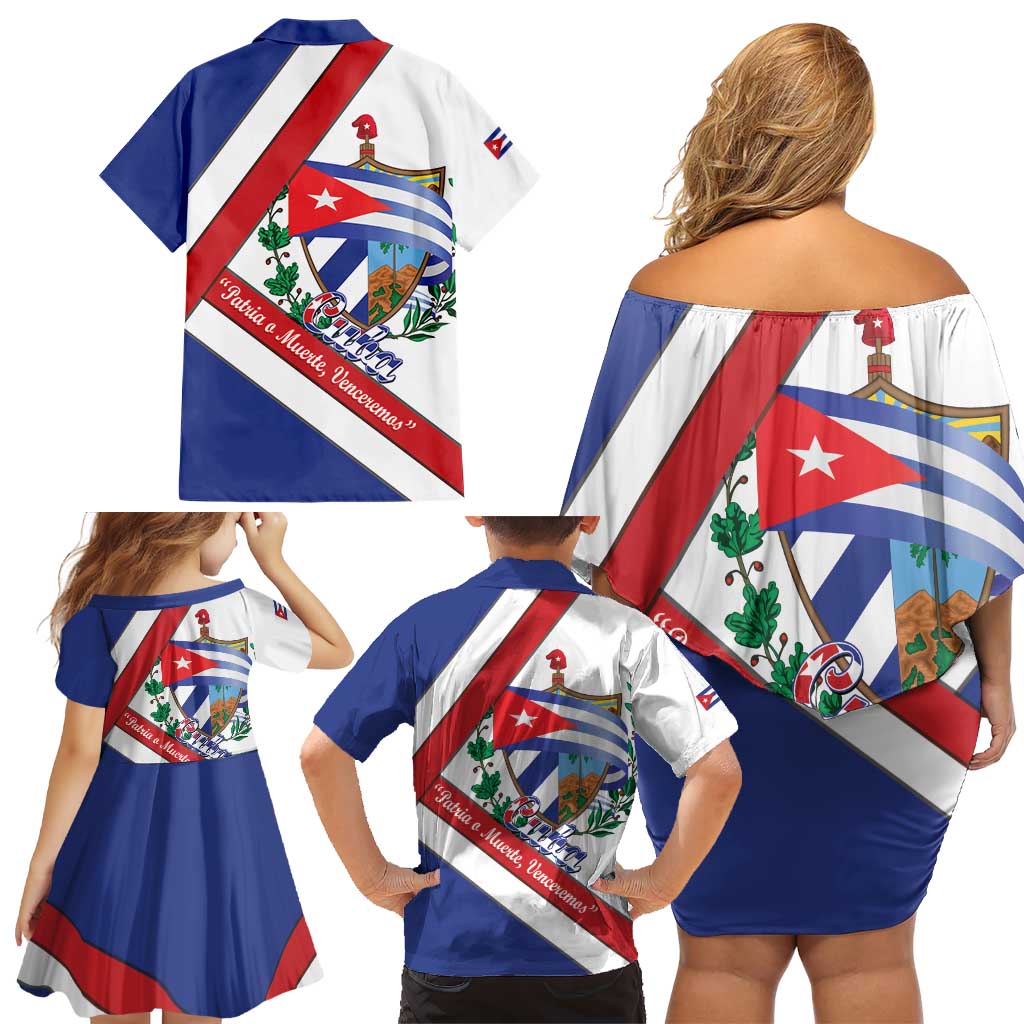 Cuba Independence Day Family Matching Off Shoulder Short Dress and Hawaiian Shirt Patria o Muerte Venceremos Curve Flag Style - Wonder Print Shop