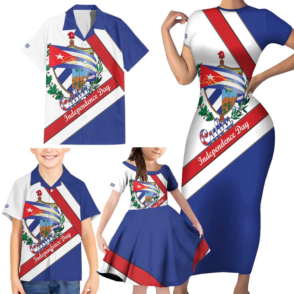 Cuba Independence Day Family Matching Short Sleeve Bodycon Dress and Hawaiian Shirt Patria o Muerte Venceremos Curve Flag Style - Wonder Print Shop