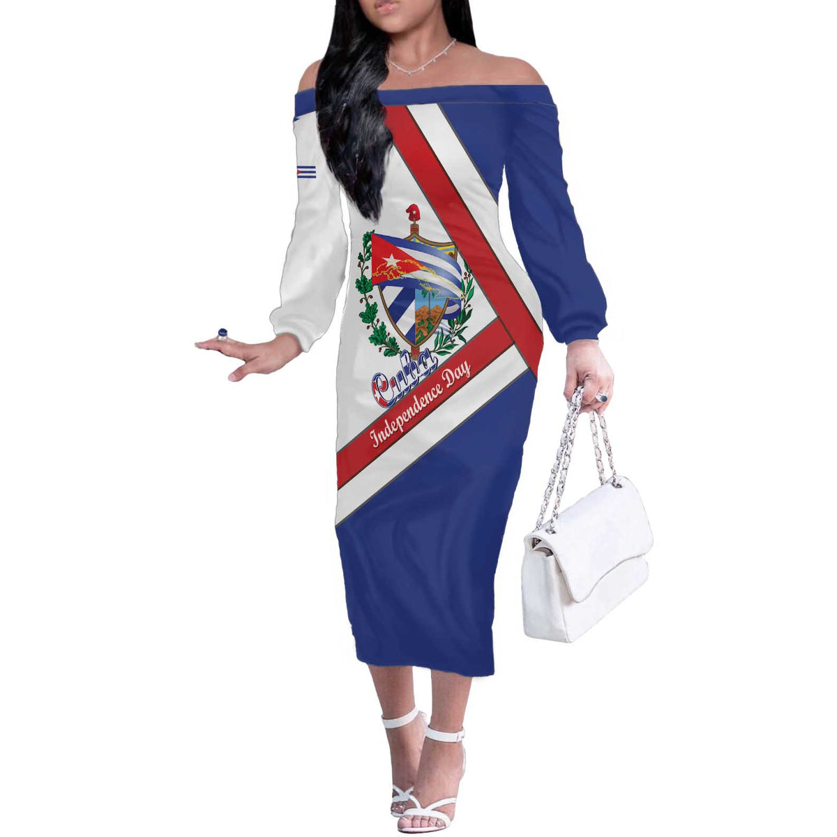 Cuba Independence Day Off The Shoulder Long Sleeve Dress Patria o Muerte Venceremos Curve Flag Style - Wonder Print Shop