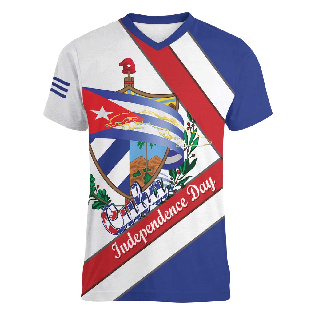 Cuba Independence Day Women V-Neck T-Shirt Patria o Muerte Venceremos Curve Flag Style - Wonder Print Shop
