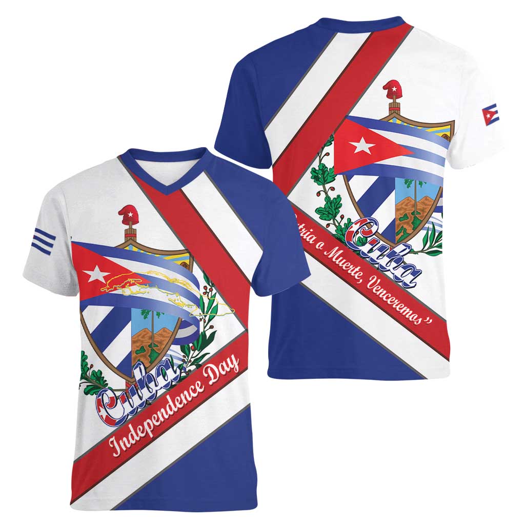 Cuba Independence Day Women V-Neck T-Shirt Patria o Muerte Venceremos Curve Flag Style - Wonder Print Shop