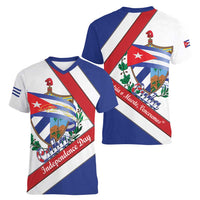 Cuba Independence Day Women V-Neck T-Shirt Patria o Muerte Venceremos Curve Flag Style - Wonder Print Shop