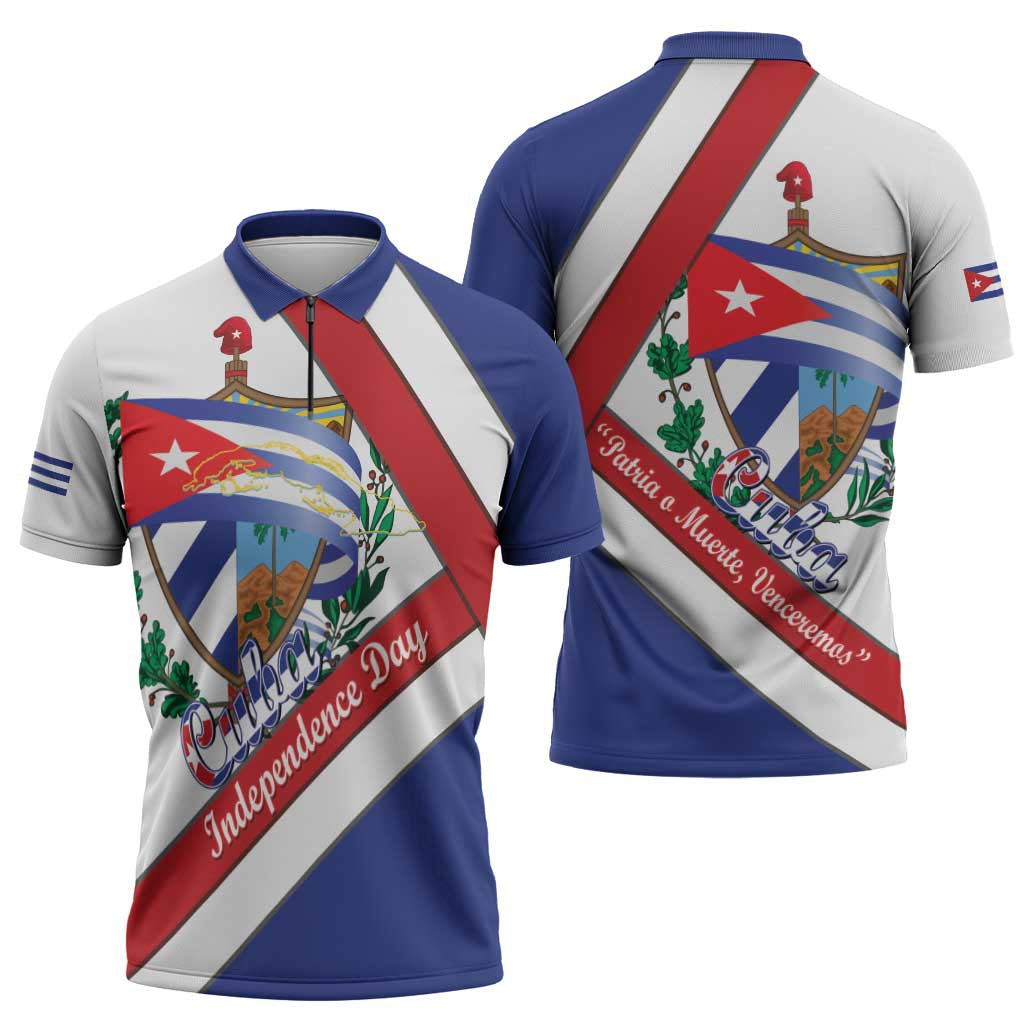 Cuba Independence Day Zipper Polo Shirt Patria o Muerte Venceremos Curve Flag Style - Wonder Print Shop