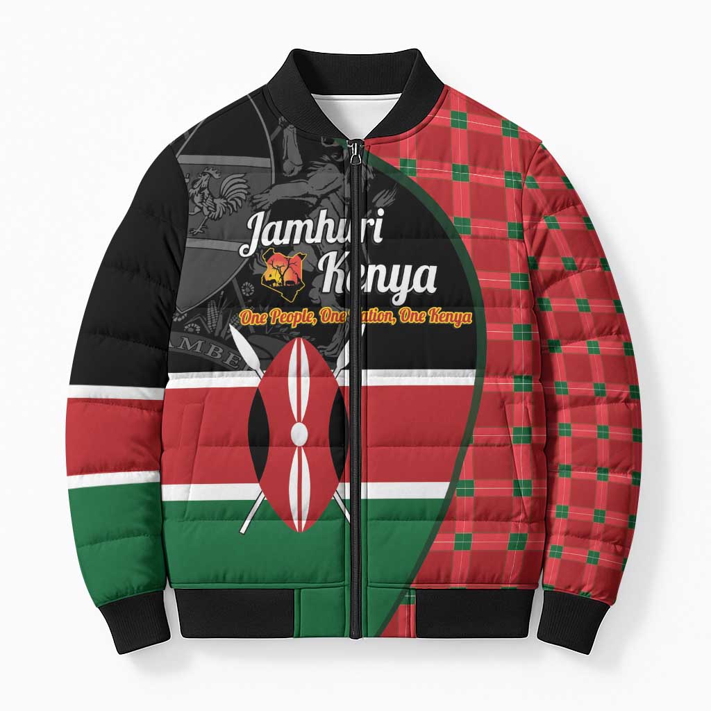 Kenya Jamhuri Day Bomber Puffer Jacket One People One Nation Massai Shuka Pattern - Wonder Print Shop