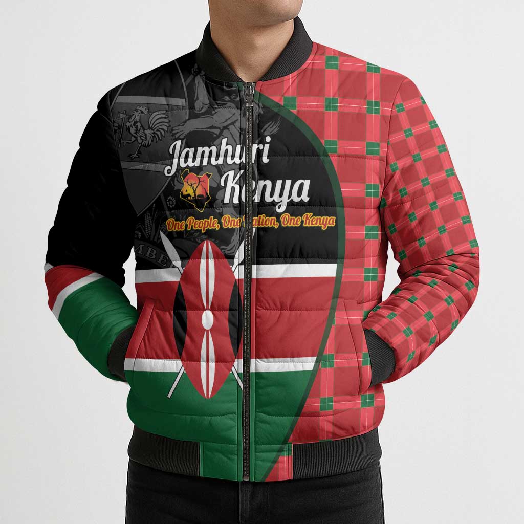 Kenya Jamhuri Day Bomber Puffer Jacket One People One Nation Massai Shuka Pattern - Wonder Print Shop