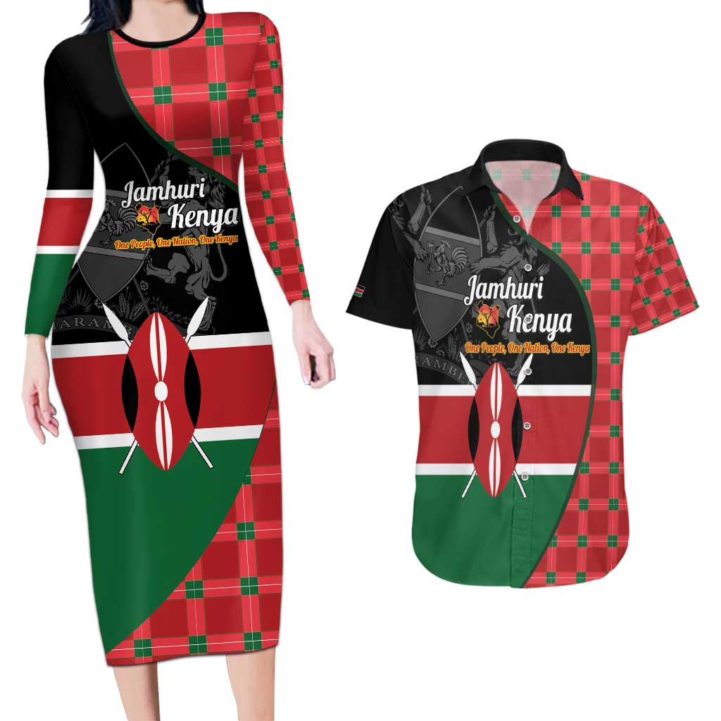 Kenya Jamhuri Day Couples Matching Long Sleeve Bodycon Dress and Hawaiian Shirt One People One Nation Massai Shuka Pattern - Wonder Print Shop
