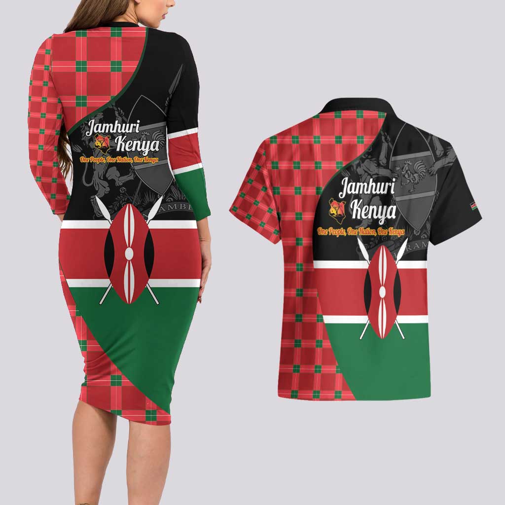 Kenya Jamhuri Day Couples Matching Long Sleeve Bodycon Dress and Hawaiian Shirt One People One Nation Massai Shuka Pattern - Wonder Print Shop