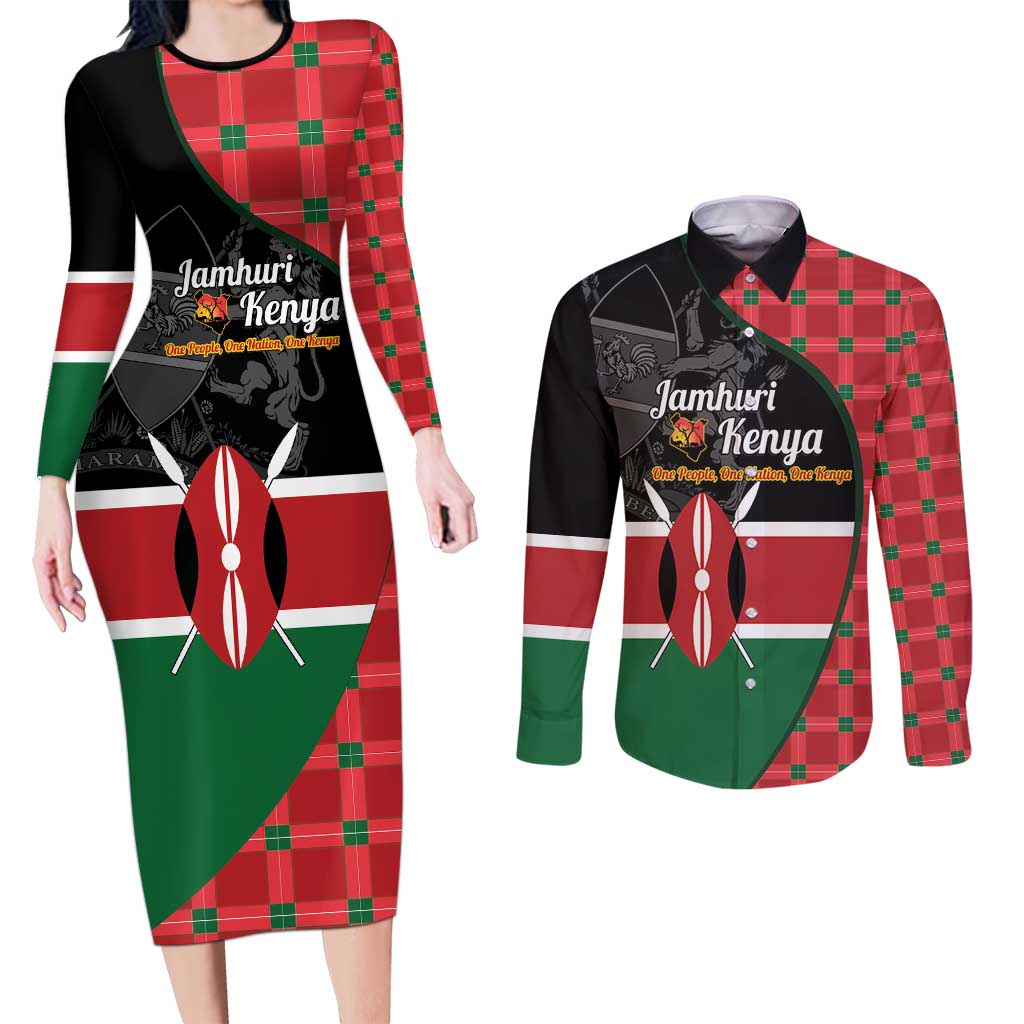 Kenya Jamhuri Day Couples Matching Long Sleeve Bodycon Dress and Long Sleeve Button Shirt One People One Nation Massai Shuka Pattern - Wonder Print Shop