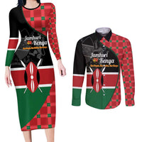 Kenya Jamhuri Day Couples Matching Long Sleeve Bodycon Dress and Long Sleeve Button Shirt One People One Nation Massai Shuka Pattern - Wonder Print Shop