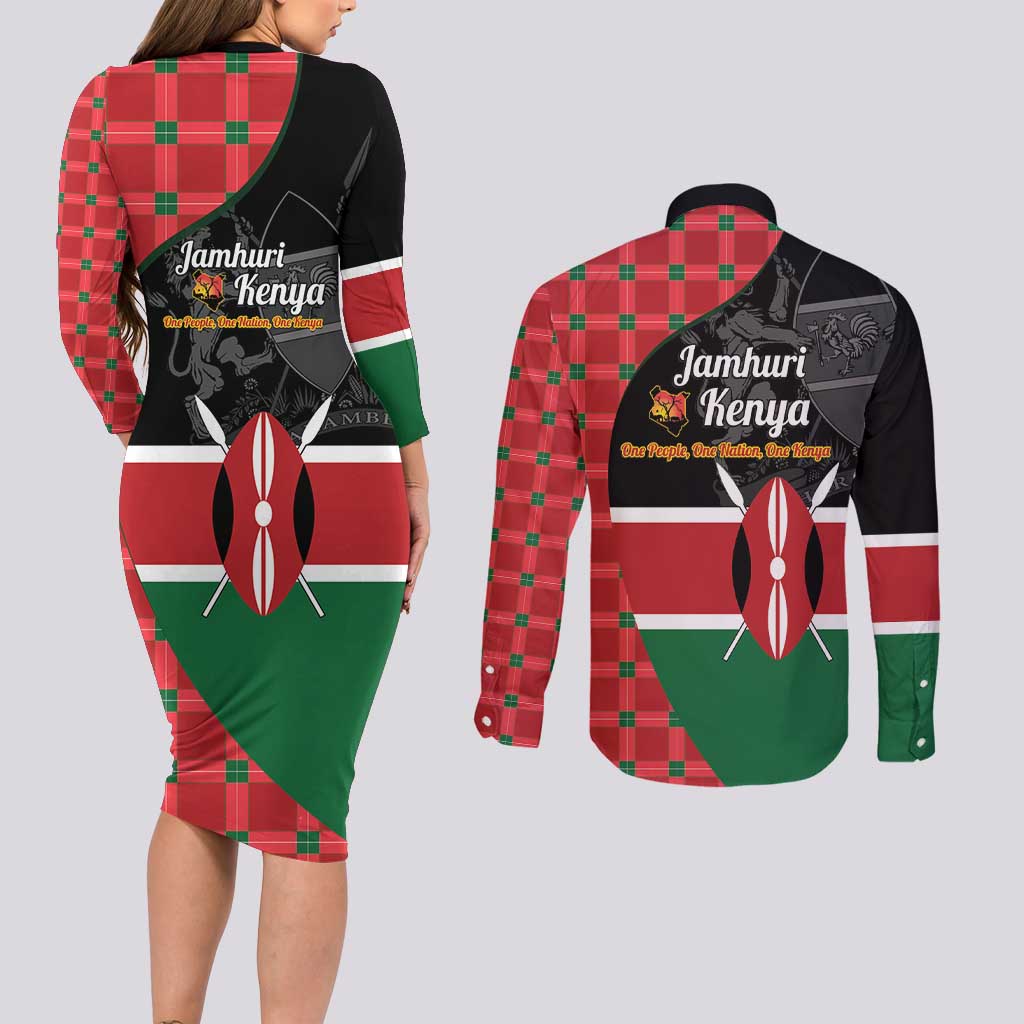 Kenya Jamhuri Day Couples Matching Long Sleeve Bodycon Dress and Long Sleeve Button Shirt One People One Nation Massai Shuka Pattern - Wonder Print Shop