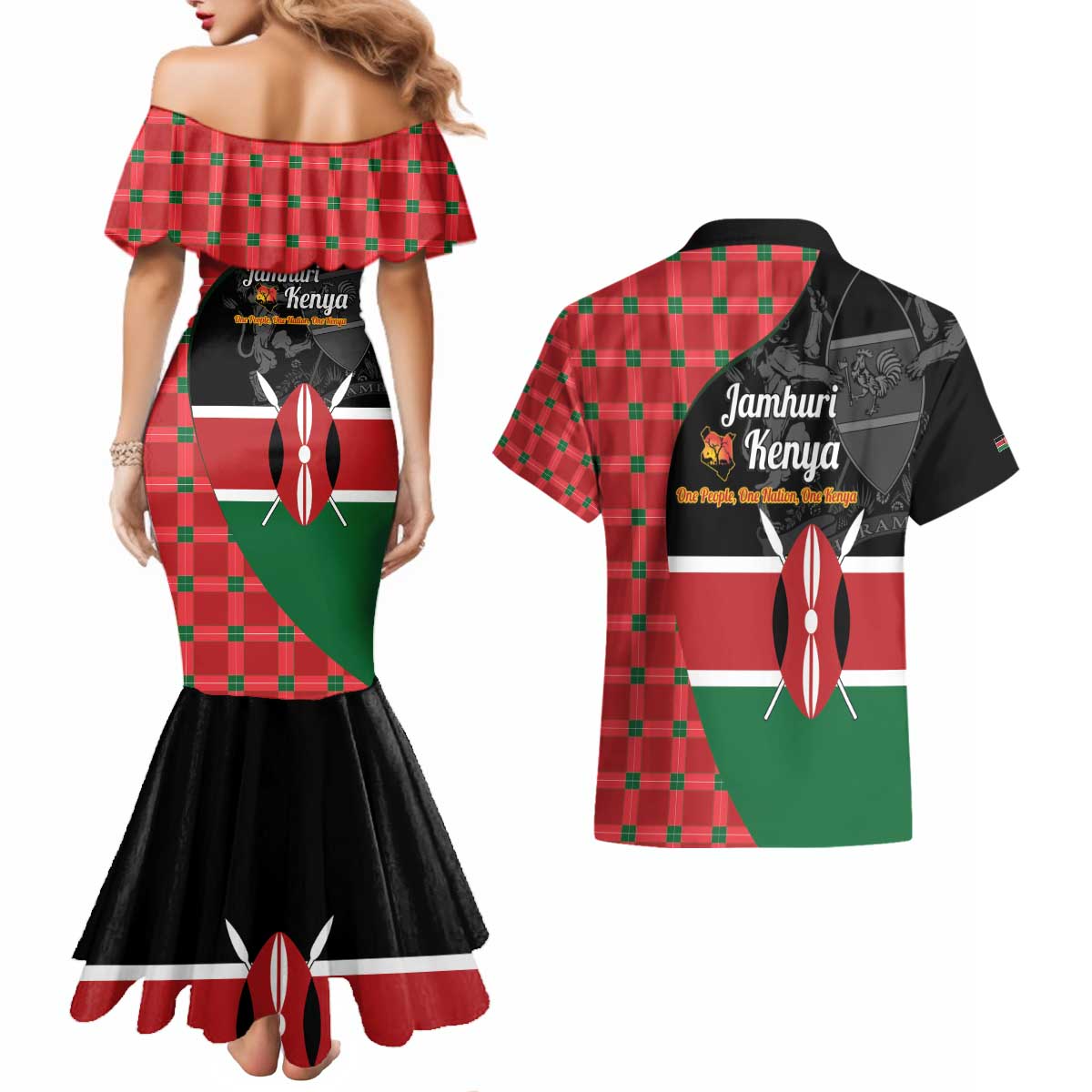 Kenya Jamhuri Day Couples Matching Mermaid Dress and Hawaiian Shirt One People One Nation Massai Shuka Pattern - Wonder Print Shop