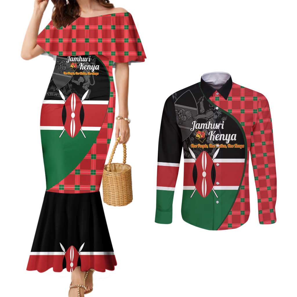 Kenya Jamhuri Day Couples Matching Mermaid Dress and Long Sleeve Button Shirt One People One Nation Massai Shuka Pattern - Wonder Print Shop