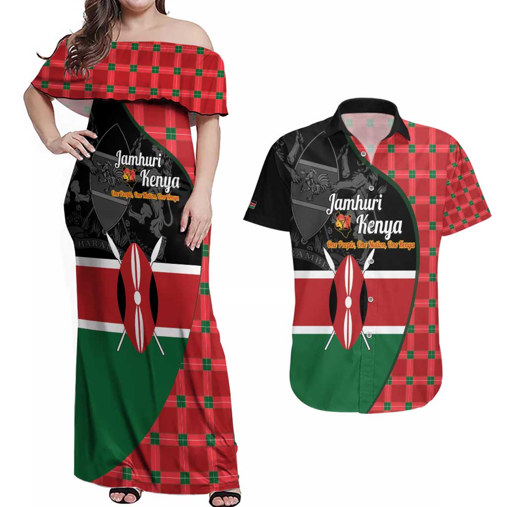 Kenya Jamhuri Day Couples Matching Off Shoulder Maxi Dress and Hawaiian Shirt One People One Nation Massai Shuka Pattern - Wonder Print Shop
