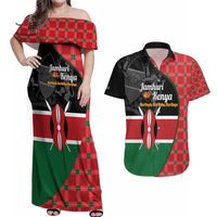 Kenya Jamhuri Day Couples Matching Off Shoulder Maxi Dress and Hawaiian Shirt One People One Nation Massai Shuka Pattern - Wonder Print Shop