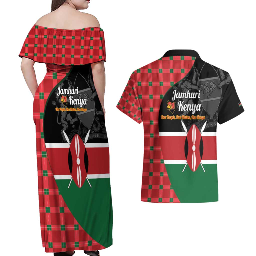Kenya Jamhuri Day Couples Matching Off Shoulder Maxi Dress and Hawaiian Shirt One People One Nation Massai Shuka Pattern - Wonder Print Shop