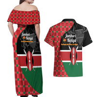Kenya Jamhuri Day Couples Matching Off Shoulder Maxi Dress and Hawaiian Shirt One People One Nation Massai Shuka Pattern - Wonder Print Shop