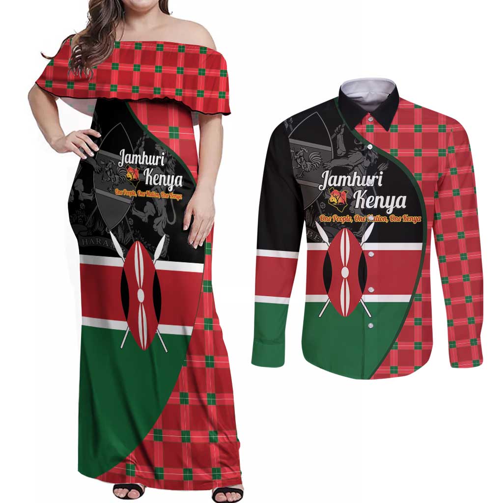 Kenya Jamhuri Day Couples Matching Off Shoulder Maxi Dress and Long Sleeve Button Shirt One People One Nation Massai Shuka Pattern - Wonder Print Shop