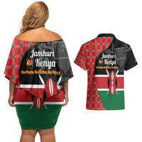 Kenya Jamhuri Day Couples Matching Off Shoulder Short Dress and Hawaiian Shirt One People One Nation Massai Shuka Pattern - Wonder Print Shop