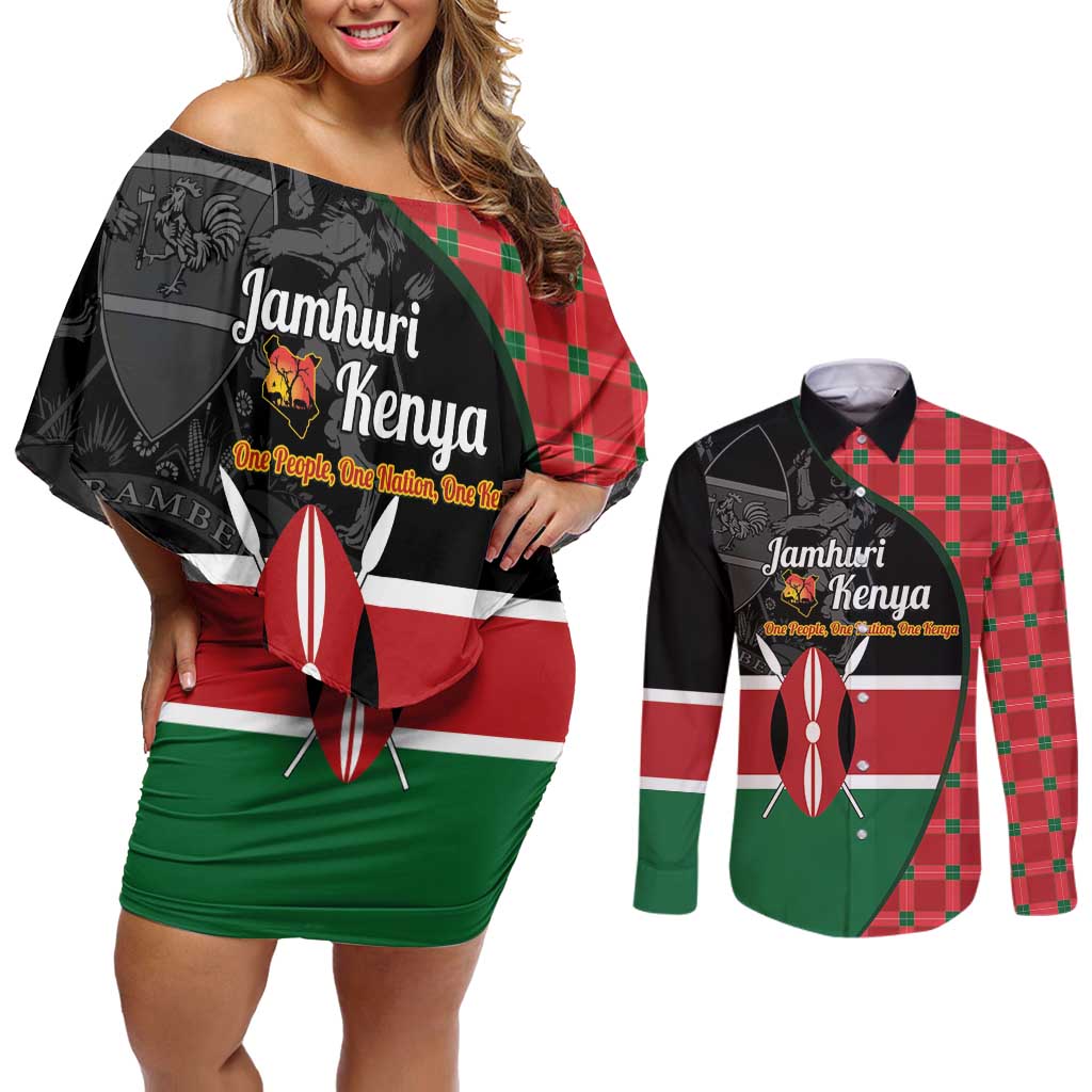Kenya Jamhuri Day Couples Matching Off Shoulder Short Dress and Long Sleeve Button Shirt One People One Nation Massai Shuka Pattern - Wonder Print Shop