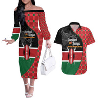 Kenya Jamhuri Day Couples Matching Off The Shoulder Long Sleeve Dress and Hawaiian Shirt One People One Nation Massai Shuka Pattern - Wonder Print Shop