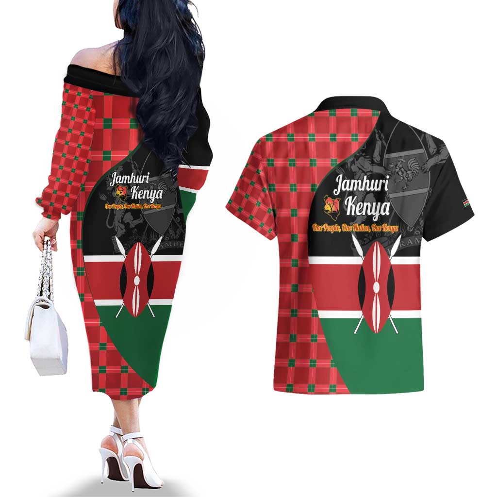 Kenya Jamhuri Day Couples Matching Off The Shoulder Long Sleeve Dress and Hawaiian Shirt One People One Nation Massai Shuka Pattern - Wonder Print Shop