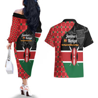 Kenya Jamhuri Day Couples Matching Off The Shoulder Long Sleeve Dress and Hawaiian Shirt One People One Nation Massai Shuka Pattern - Wonder Print Shop