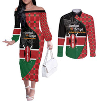 Kenya Jamhuri Day Couples Matching Off The Shoulder Long Sleeve Dress and Long Sleeve Button Shirt One People One Nation Massai Shuka Pattern - Wonder Print Shop