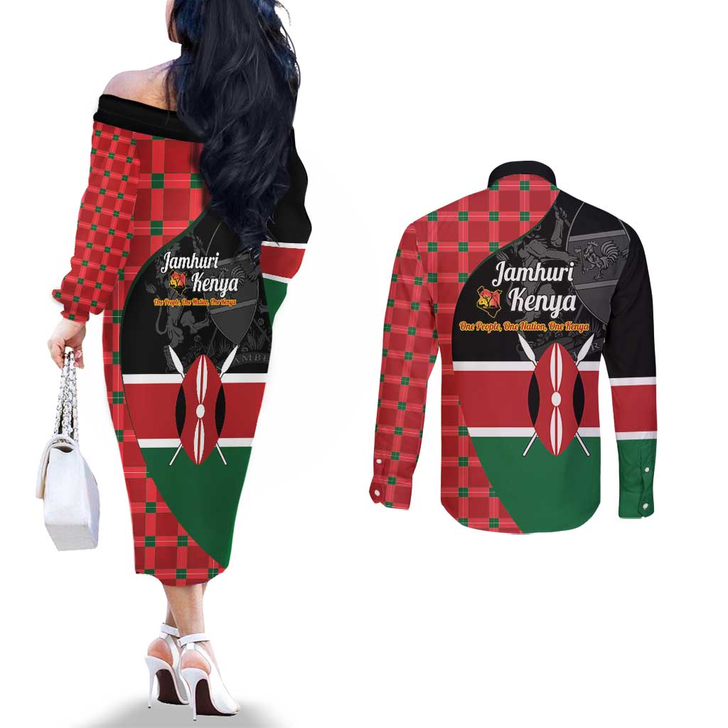 Kenya Jamhuri Day Couples Matching Off The Shoulder Long Sleeve Dress and Long Sleeve Button Shirt One People One Nation Massai Shuka Pattern - Wonder Print Shop