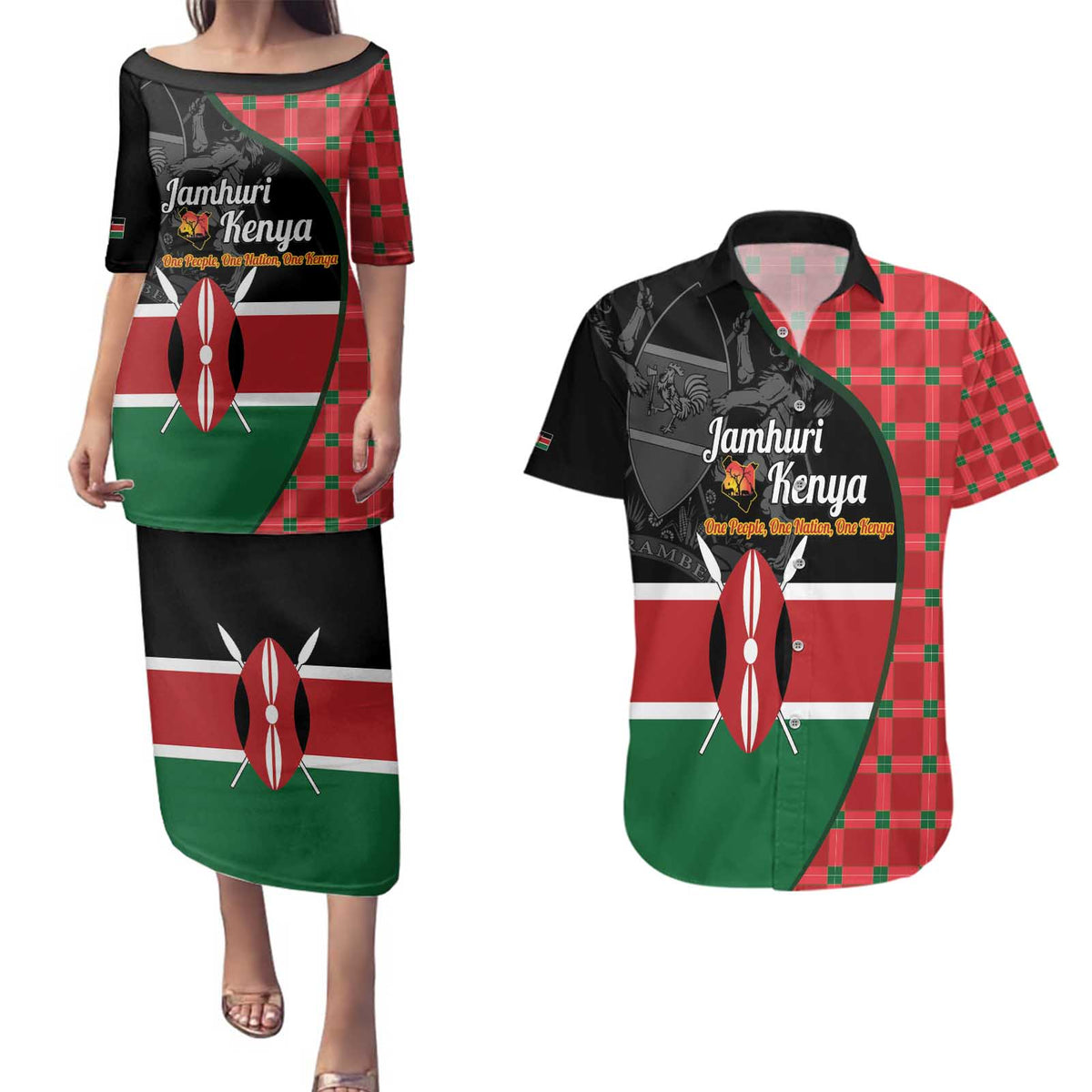 Kenya Jamhuri Day Couples Matching Puletasi and Hawaiian Shirt One People One Nation Massai Shuka Pattern - Wonder Print Shop
