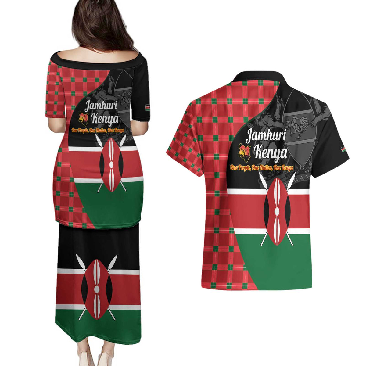 Kenya Jamhuri Day Couples Matching Puletasi and Hawaiian Shirt One People One Nation Massai Shuka Pattern - Wonder Print Shop
