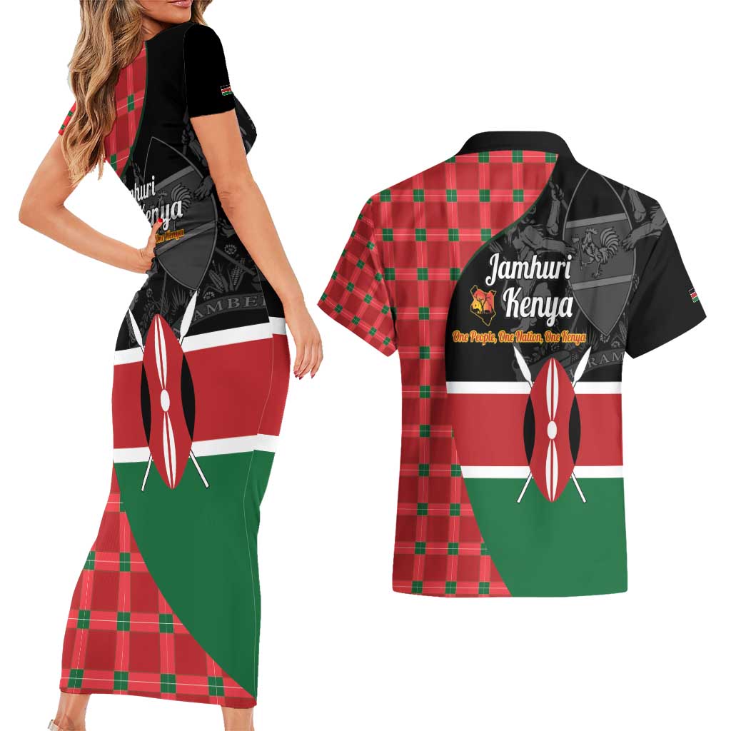 Kenya Jamhuri Day Couples Matching Short Sleeve Bodycon Dress and Hawaiian Shirt One People One Nation Massai Shuka Pattern - Wonder Print Shop