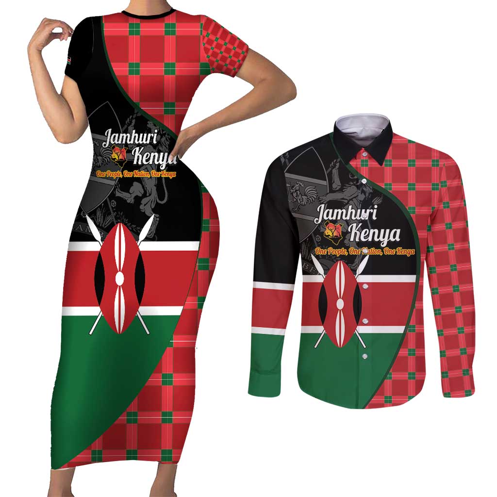 Kenya Jamhuri Day Couples Matching Short Sleeve Bodycon Dress and Long Sleeve Button Shirt One People One Nation Massai Shuka Pattern - Wonder Print Shop
