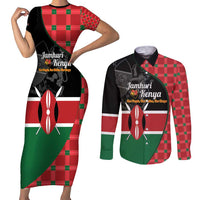 Kenya Jamhuri Day Couples Matching Short Sleeve Bodycon Dress and Long Sleeve Button Shirt One People One Nation Massai Shuka Pattern - Wonder Print Shop