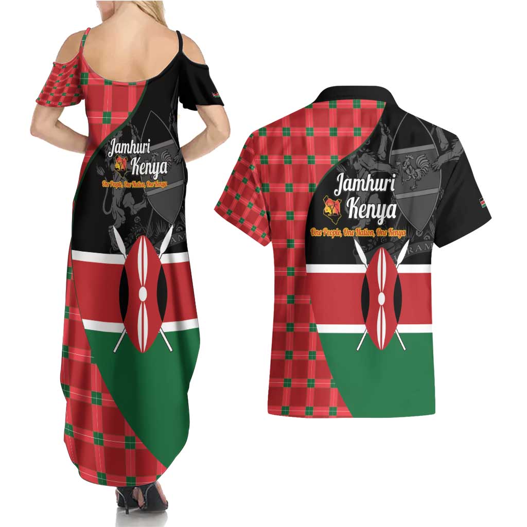 Kenya Jamhuri Day Couples Matching Summer Maxi Dress and Hawaiian Shirt One People One Nation Massai Shuka Pattern - Wonder Print Shop