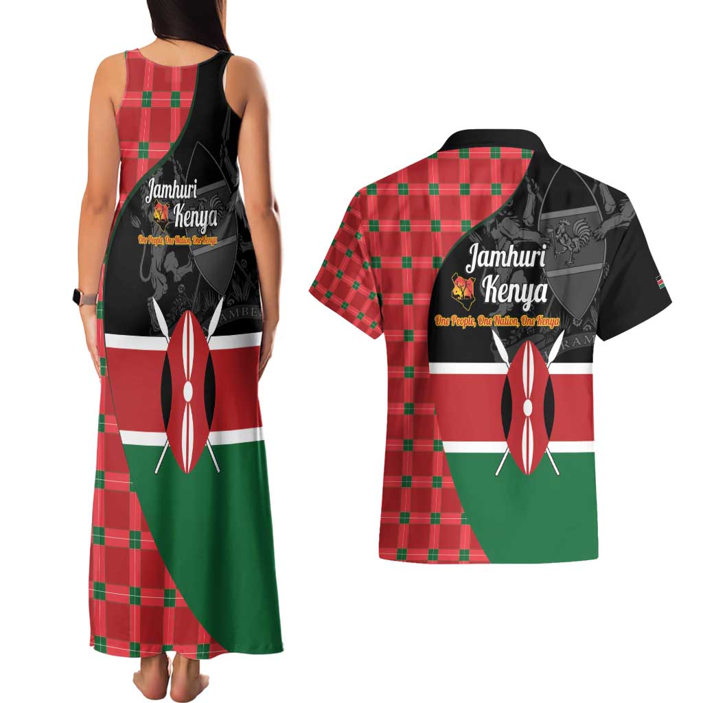 Kenya Jamhuri Day Couples Matching Tank Maxi Dress and Hawaiian Shirt One People One Nation Massai Shuka Pattern - Wonder Print Shop
