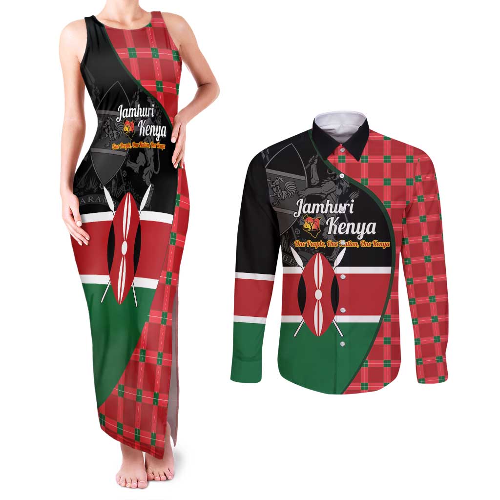 Kenya Jamhuri Day Couples Matching Tank Maxi Dress and Long Sleeve Button Shirt One People One Nation Massai Shuka Pattern - Wonder Print Shop