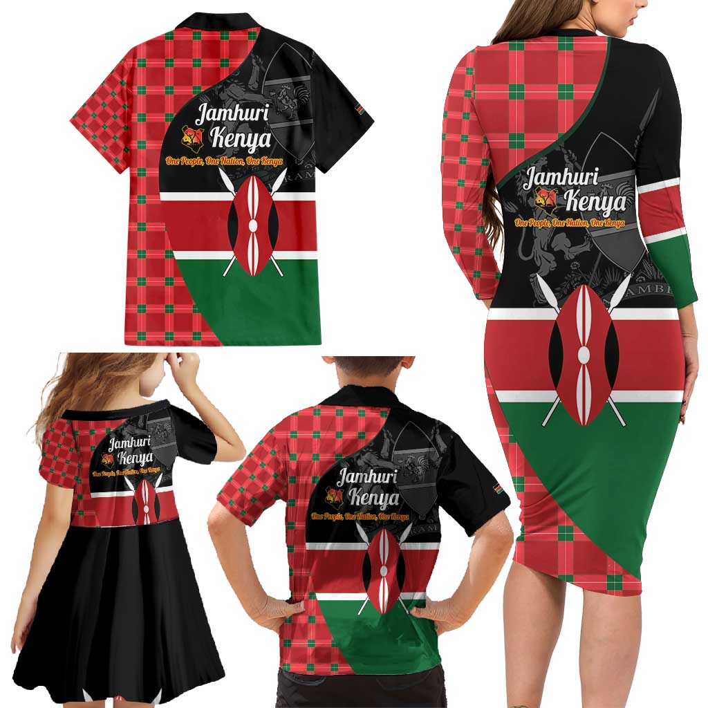 Kenya Jamhuri Day Family Matching Long Sleeve Bodycon Dress and Hawaiian Shirt One People One Nation Massai Shuka Pattern - Wonder Print Shop