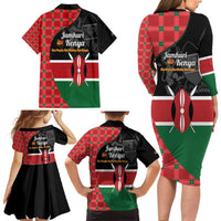 Kenya Jamhuri Day Family Matching Long Sleeve Bodycon Dress and Hawaiian Shirt One People One Nation Massai Shuka Pattern - Wonder Print Shop
