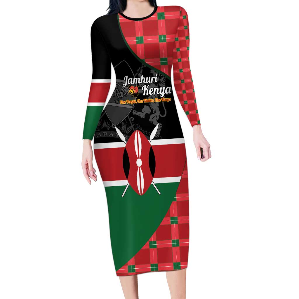 Kenya Jamhuri Day Family Matching Long Sleeve Bodycon Dress and Hawaiian Shirt One People One Nation Massai Shuka Pattern - Wonder Print Shop