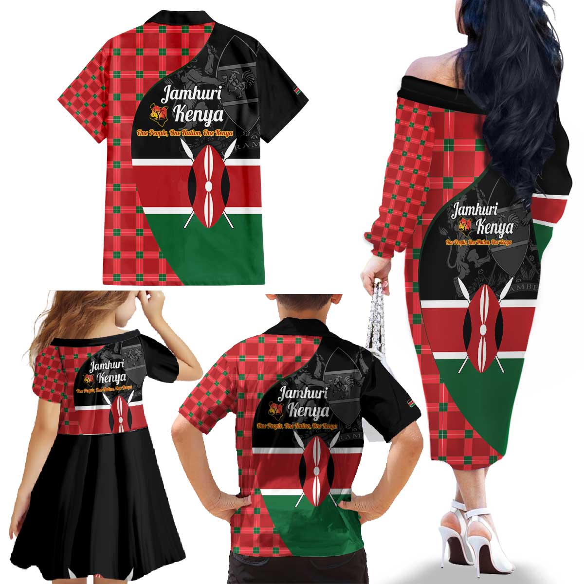 Kenya Jamhuri Day Family Matching Off The Shoulder Long Sleeve Dress and Hawaiian Shirt One People One Nation Massai Shuka Pattern - Wonder Print Shop