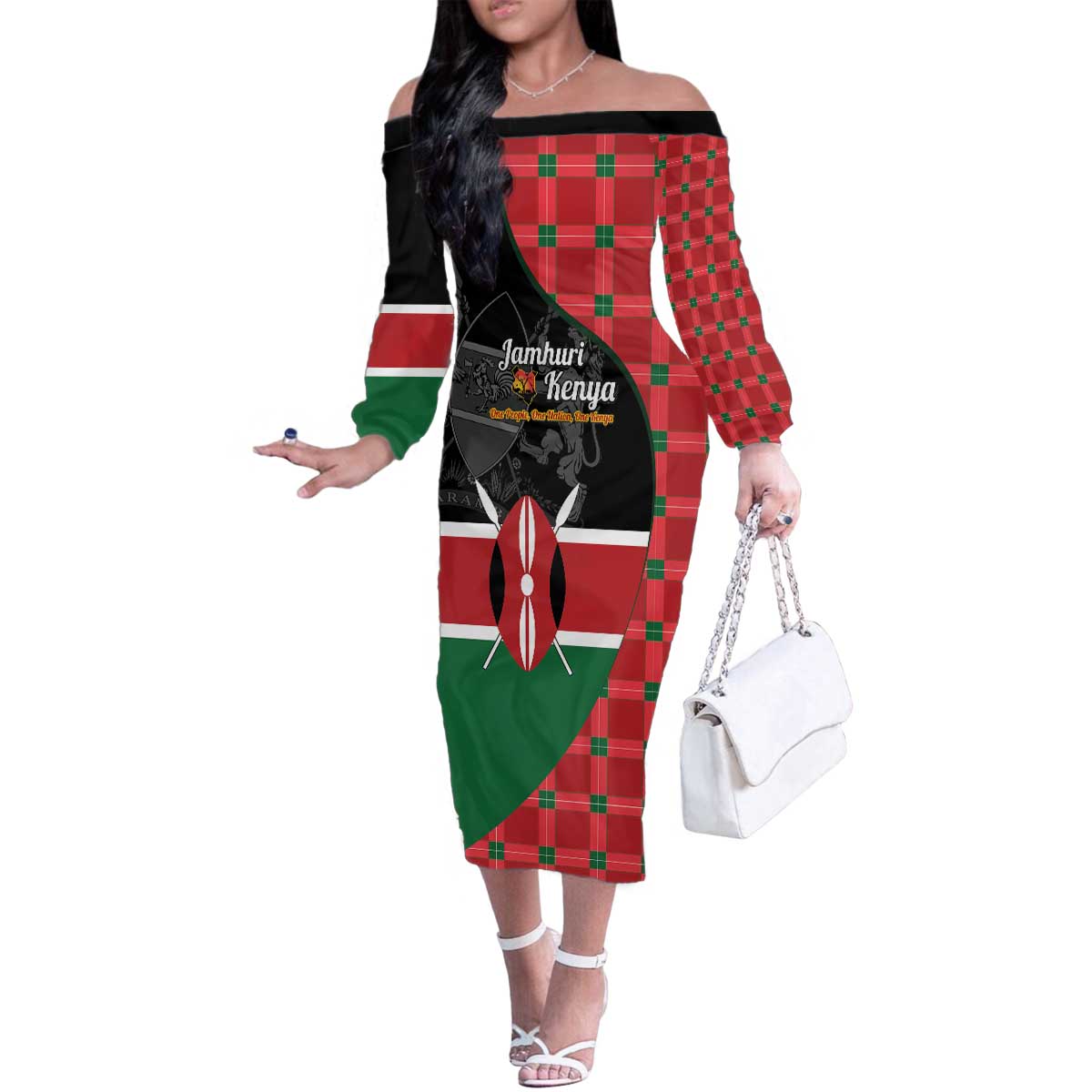 Kenya Jamhuri Day Family Matching Off The Shoulder Long Sleeve Dress and Hawaiian Shirt One People One Nation Massai Shuka Pattern - Wonder Print Shop