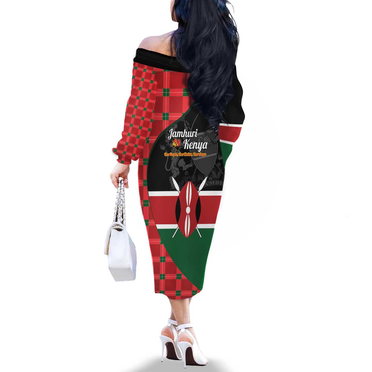 Kenya Jamhuri Day Family Matching Off The Shoulder Long Sleeve Dress and Hawaiian Shirt One People One Nation Massai Shuka Pattern - Wonder Print Shop