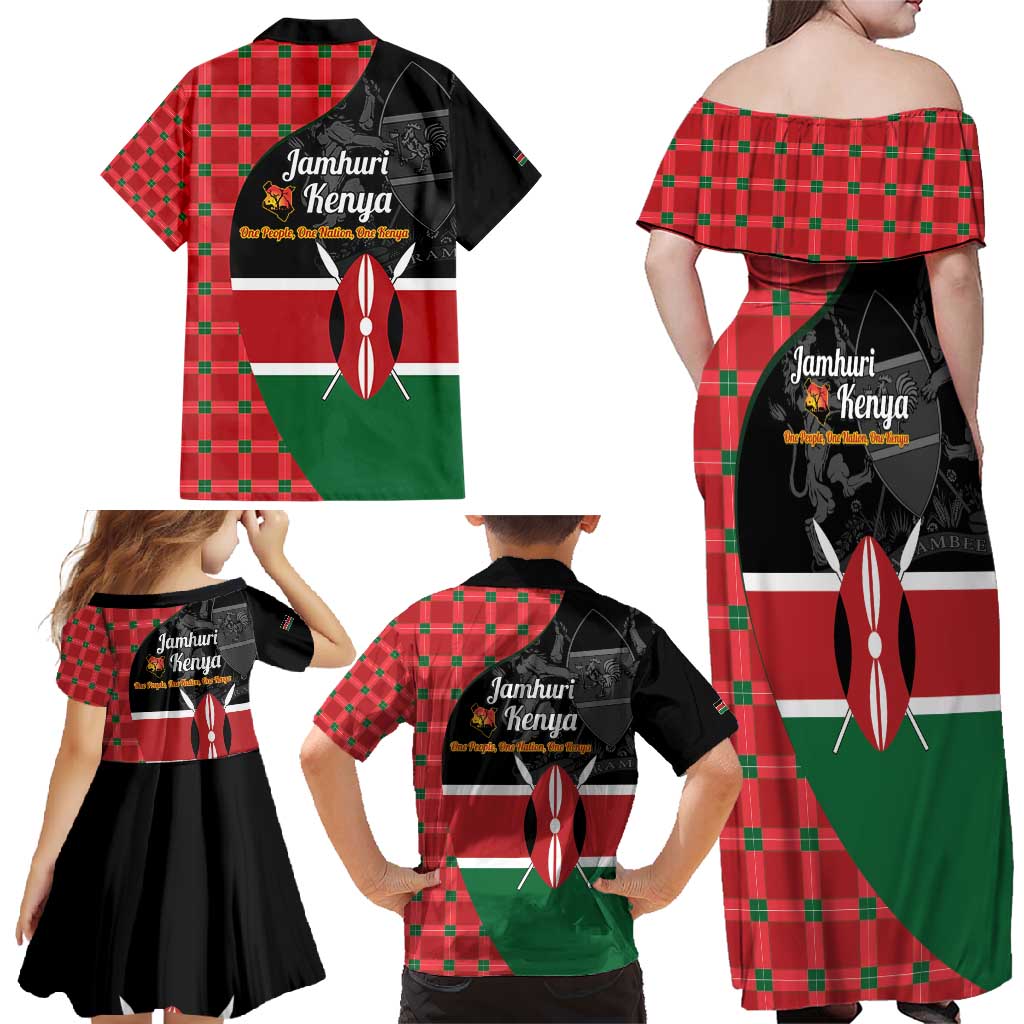 Kenya Jamhuri Day Family Matching Off Shoulder Maxi Dress and Hawaiian Shirt One People One Nation Massai Shuka Pattern - Wonder Print Shop