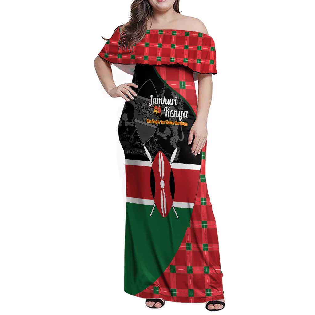 Kenya Jamhuri Day Family Matching Off Shoulder Maxi Dress and Hawaiian Shirt One People One Nation Massai Shuka Pattern - Wonder Print Shop