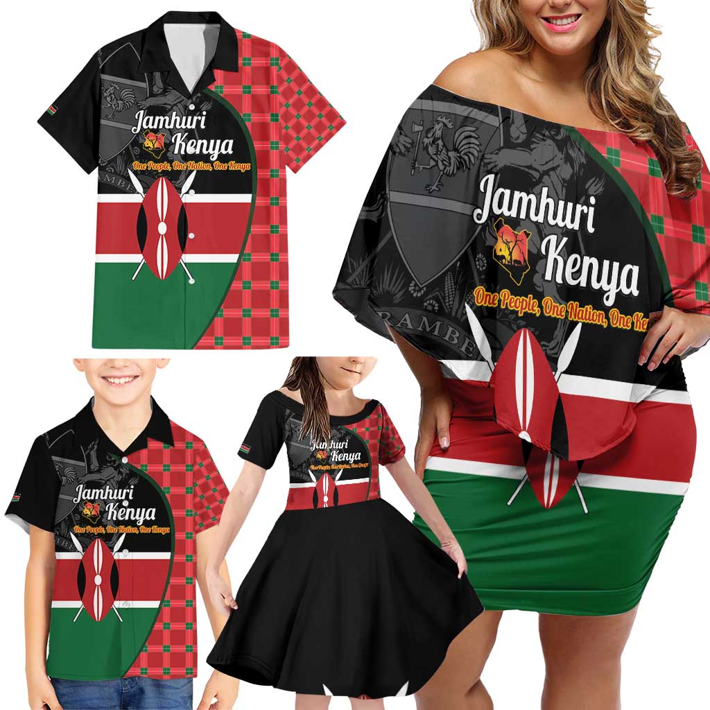Kenya Jamhuri Day Family Matching Off Shoulder Short Dress and Hawaiian Shirt One People One Nation Massai Shuka Pattern - Wonder Print Shop