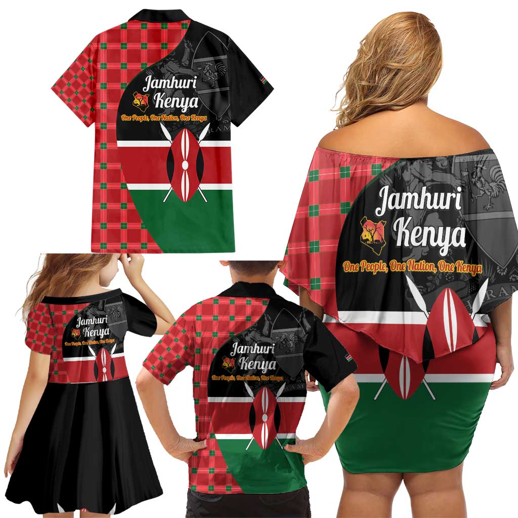 Kenya Jamhuri Day Family Matching Off Shoulder Short Dress and Hawaiian Shirt One People One Nation Massai Shuka Pattern - Wonder Print Shop
