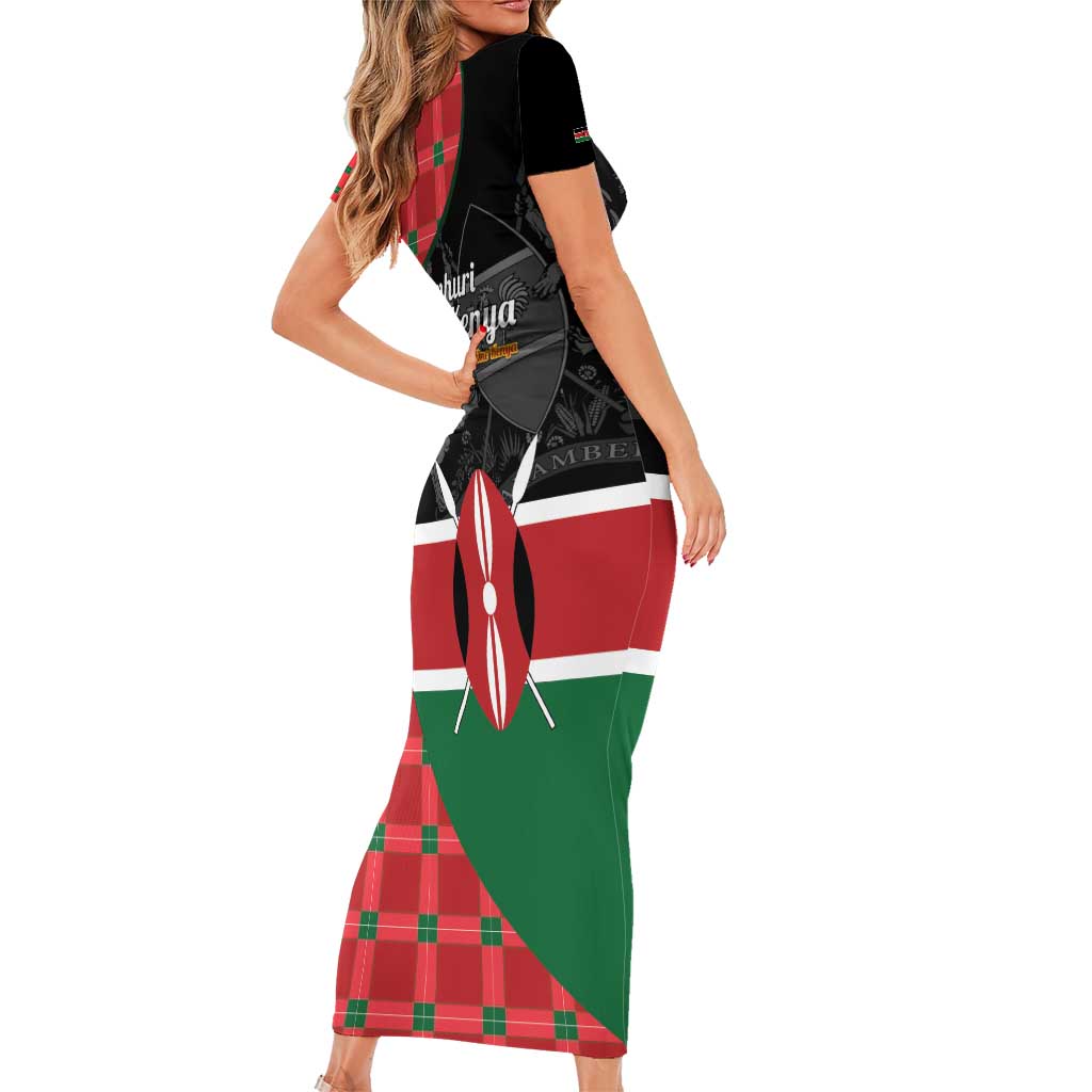 Kenya Jamhuri Day Family Matching Short Sleeve Bodycon Dress and Hawaiian Shirt One People One Nation Massai Shuka Pattern - Wonder Print Shop