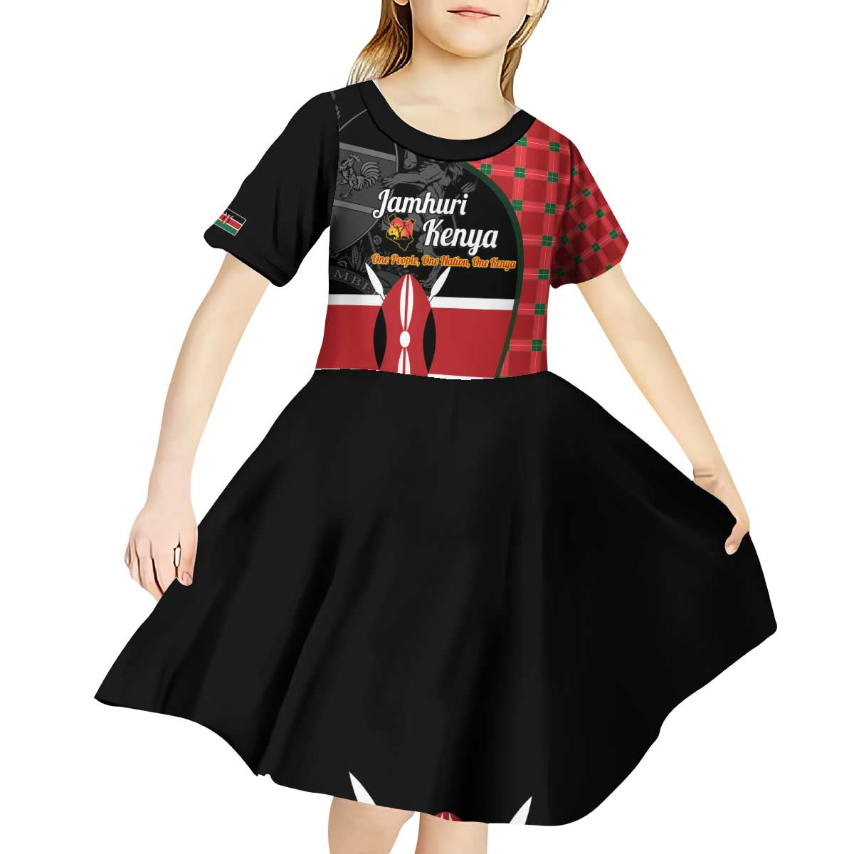 Kenya Jamhuri Day Kid Short Sleeve Dress One People One Nation Massai Shuka Pattern - Wonder Print Shop