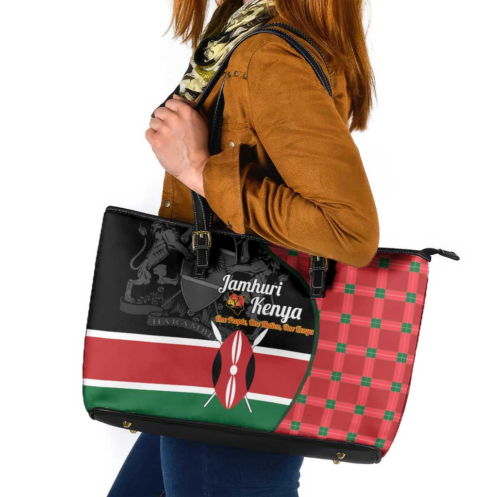 Kenya Jamhuri Day Leather Tote Bag One People One Nation Massai Shuka Pattern - Wonder Print Shop
