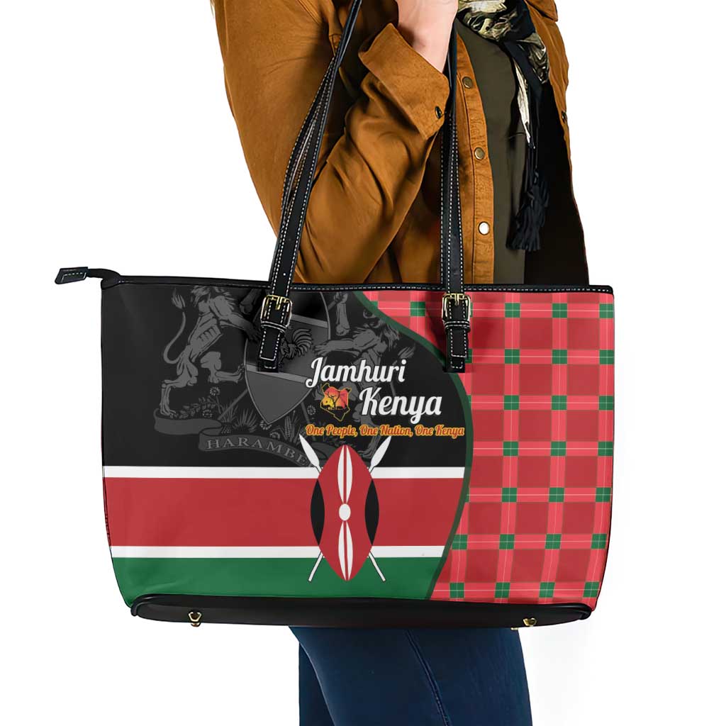 Kenya Jamhuri Day Leather Tote Bag One People One Nation Massai Shuka Pattern - Wonder Print Shop